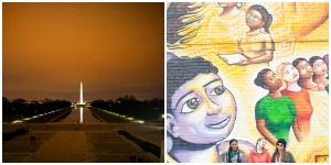 Left: The District's famous Washington Monument, frequented by tourists. Right: a mural in Brookland, a less-visited neighborhood that has attracted visitors with its art.